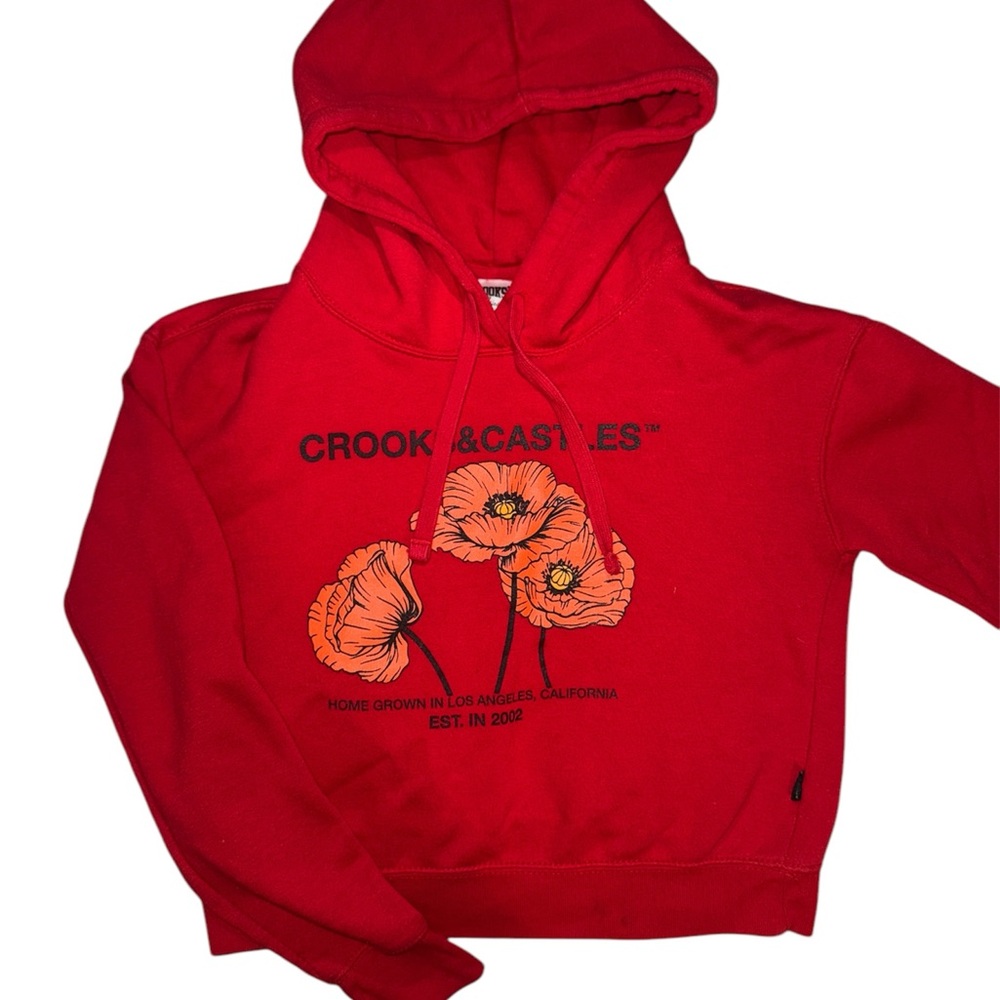 Crooks & Castles Crop Red Hoodie with Floral Design